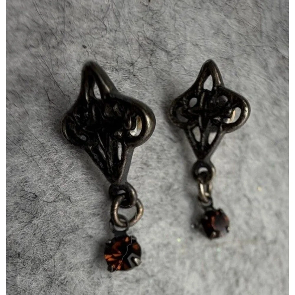 Vintage Mid Century Amber Rhinestone Silver Tone Filigree Dangle Earrings 1950s